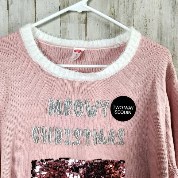 Holiday Time Holiday Sequin Meowy Kitty Cat Sweater Pink Size XL 16-18 - Picture 5 of 10